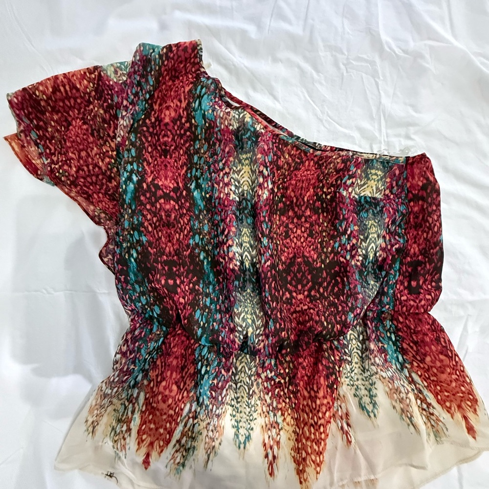 a.n.a Red and Blue Patterned Off-Shoulder Blouse